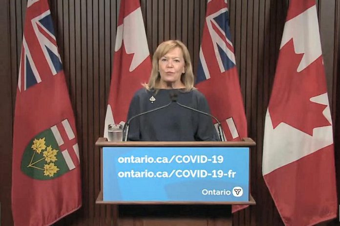 Ontario health minister Christine Elliott provides an update at Queen's Park on September 14, 2021 on the province's new proof of vaccination requirement that goes into effect September 22. (CPAC screenshot by kawarthaNOW)