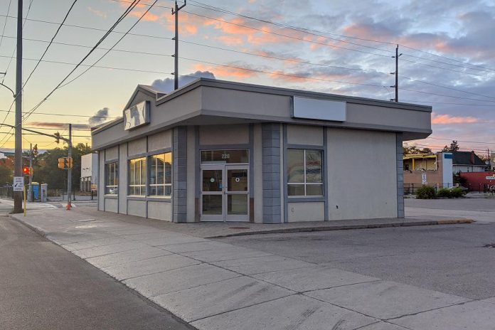 Peterborough's Opioid Response Hub will be located in the former Greyhound bus terminal at 220 Simcoe Street (at Aylmer Street North) in downtown Peterborough, pictured here in October 2020. A $160,000 fundraising campaign has been launched to renovate the location. (Photo: Bruce Head / kawarthaNOW)