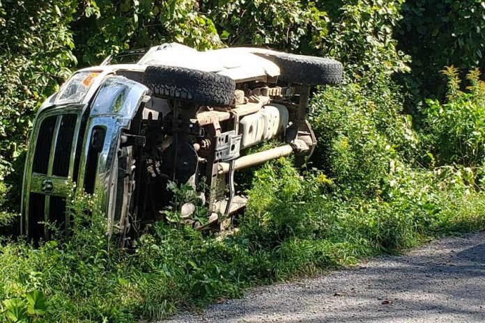 Two teenage theft suspects lost control of their vehicle near Balieboro on September 8, 2021, while fleeing police. The 19-year-old and 17-year-old suspects, both of Peterborough, were uninjured and face multiple charges. (Photo: Peterborough County OPP)