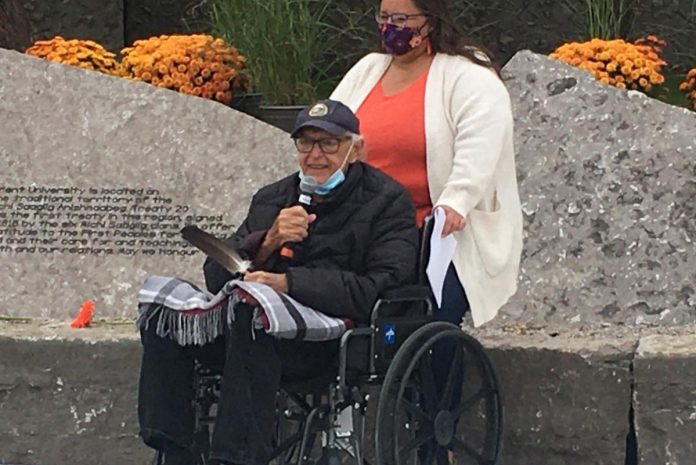 Curve Lake First Nation Elder Doug Williams, a Trent University alumnus, recounted the university's Indigenous studies evolution at the unveiling of the treaty rock at Trent University on September 30, 2021. (Photo: Paul Rellinger / kawarthaNOW)