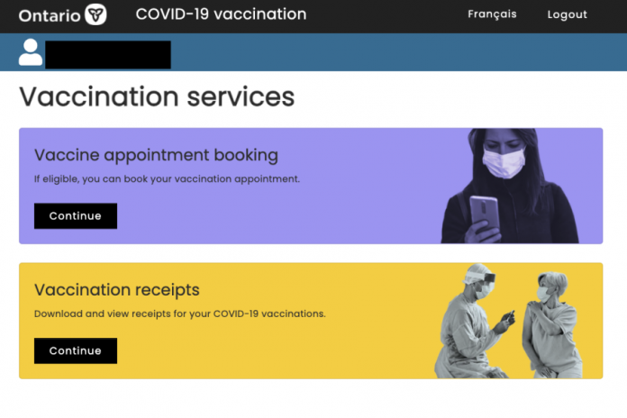 To obtain a PDF of their vaccination receipt, people can log into into the provincial booking portal at covid19.ontariohealth.ca using their health card, date of birth, and postal code. They can then print a paper copy of the PDF or keep the downloaded PDF on their phone.  Ontarians who don't have internet access can call the provincial vaccine booking line at 1-833-943-3900. (kawarthaNOW screenshot)