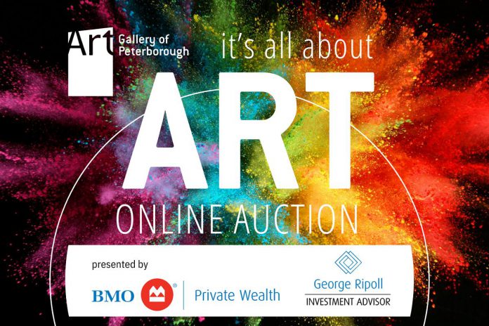 The Art Gallery of Peterborough's "It's All About ART" online auction from November 5 to 20, 2021 is presented by George Ripoll of BMO Private Wealth, with LLF Lawyers the Event Sponsor and Ashburnham Realty, Electric City Real Estate (Linz Hunt & Company), and SlayerAI the Hosting Sponsors. The Auction Sponsors are Generation Solar, Sentry Health, and TD Wealth Management, with WeDesign providing in-kind support.  (Graphic courtesy of Art Gallery of Peterborough)