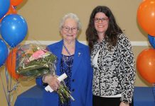 Beverly Baxter of Lindsay, a retired registered nurse, is one of 15 recipients of the Ontario government's 2021 Senior Achievement Awards. Pictured is Baxter (left) in April 2016 with Community Care City of Kawartha Lakes hospice director Jill Sadler when Baxter was honoured for more than 25 years of volunteering with the organization. (Photo: Community Care City of Kawartha Lakes / Facebook)