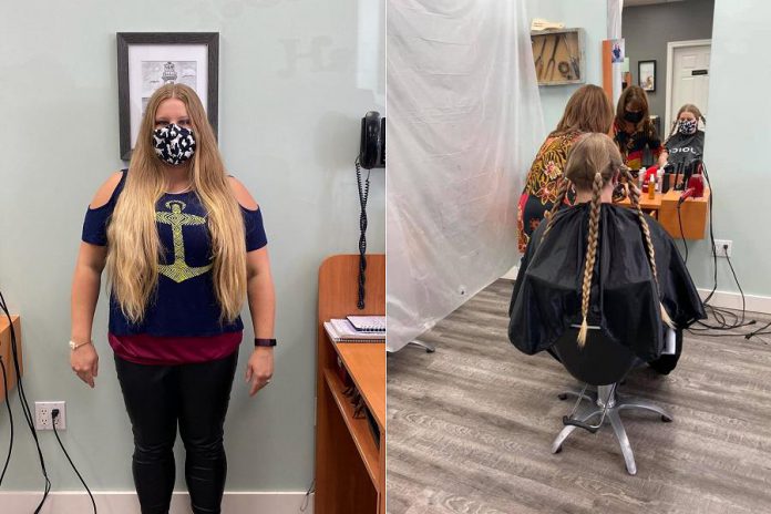 On Brain Cancer Awareness Day in Canada (October 24, 2021), Britney Krzeminsk visit Glenda's Place Hair Salon in Peterborough to have her three 28-inch braids of her hair cut off. She promised to cut off all her hair and shave her head if she met her fundraising goal for the Brain Tumour Foundation of Canada. (Photos: Omemee Veterinary Hospital / Facebook)