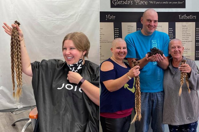 Britney Krzeminsk is donating the three 28-inch braids of her hair cut off on October 24, 2021 at Glenda's Place Hair Salon in Peterborough to Chai Lifeline Canada, a non-profit organization based in Toronto that makes wigs for those who have lost their hair due to illness. Her husband and mother joined her to have their heads shaved as well. (Photos: Omemee Veterinary Hospital / Facebook and Britney Krzeminsk / Facebook)