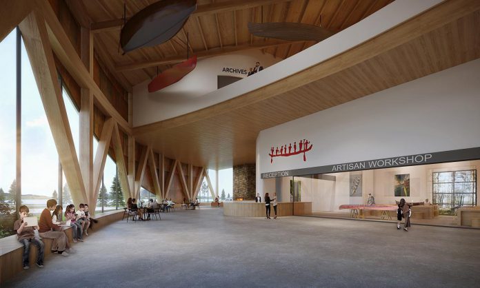 A rendering of the atrium of the new Canadian Canoe Museum looking south. The curved façade provides ample daylight into the space, and the swooping veil element adds interest and dynamism to the public atrium. The museum features a large indoor/outdoor fireplace directly off the public café. (Rendering: Lett Architects Inc.)