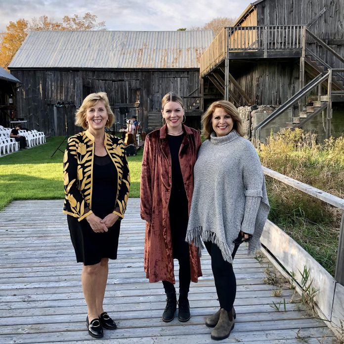 Haliburton-Kawartha Lakes-Brock MPP Laurie Scott with 4th Line Theatre's managing artistic director Kim Blackwell (right) and performer Kate Suhr at Winslow Farm in Millbrook. The non-profit theatre company is receiving $100,000 from the Ontario government's  Community Building Fund and $92,842 from the Reconnect Festival and Event Program. (Photo courtesy of office of Laurie Scott