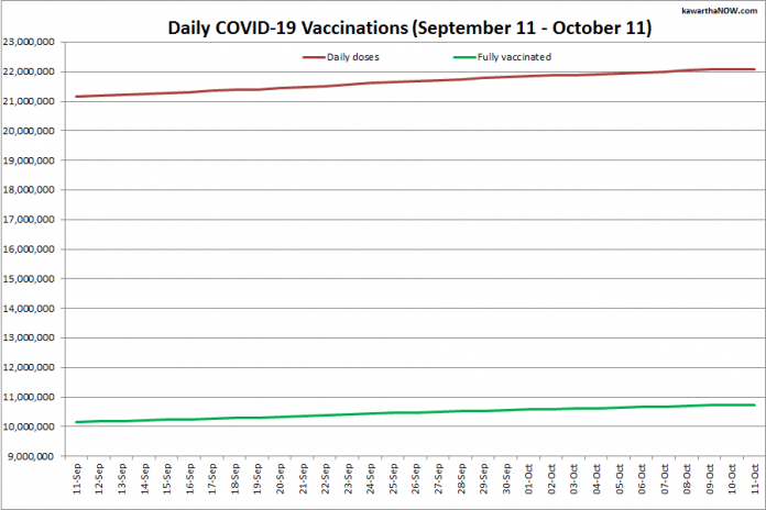 COVID-19 vaccinations in Ontario from September 11 - October 11, 2021. The red line is the cumulative number of daily doses administered and the green line is the cumulative number of people fully vaccinated with two doses of vaccine. (Graphic: kawarthaNOW.com)