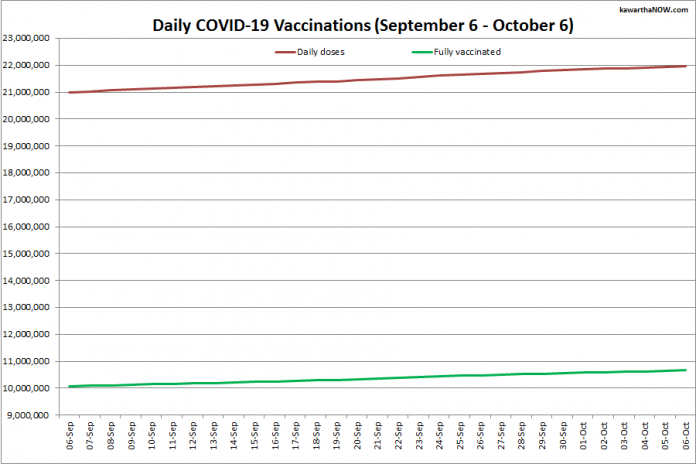 COVID-19 vaccinations in Ontario from September 6 - October 6, 2021. The red line is the cumulative number of daily doses administered and the green line is the cumulative number of people fully vaccinated with two doses of vaccine. (Graphic: kawarthaNOW.com)