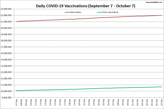 COVID-19 vaccinations in Ontario from September 7 - October 7, 2021. The red line is the cumulative number of daily doses administered and the green line is the cumulative number of people fully vaccinated with two doses of vaccine. (Graphic: kawarthaNOW.com)
