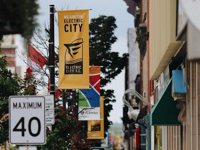 A banner promoting Peterborough's new Electric City Football Club hangs in downtown Peterborough. Owned by a group of local soccer enthusiasts, the club has officially joined League1 Ontario and will represent Peterborough in the men's premier division for the 2022 season. (Photo: @electriccityfc / Instagram)