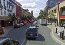 George Street North between Hunter and Simcoe in downtown Peterborough will be reduced to one lane of traffic for around a month beginning November 8, 2021. (Photo: Google Maps)