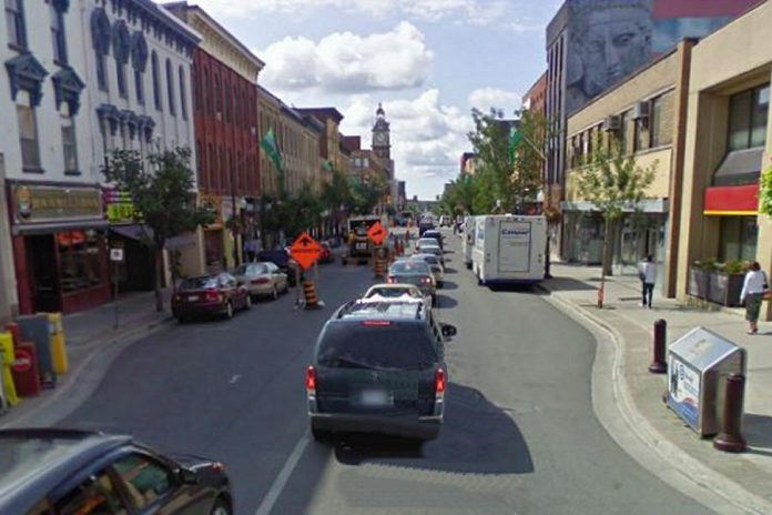 George Street North between Hunter and Simcoe in downtown Peterborough will be reduced to one lane of traffic for around a month beginning November 8, 2021. (Photo: Google Maps)