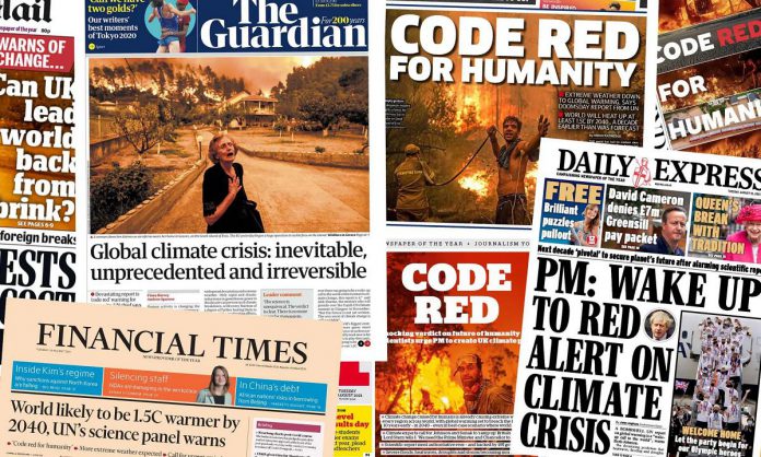 Alarming news headlines after the release of the Intergovernmental Panel on Climate Change's global climate change report in August 2021. It can be overwhelming to be exposed to this much trauma, loss, and devastation. There are ways to fight against being paralyzed into inaction by the constant barrage of doom and gloom. (Collage: The Guardian)