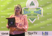 Amy Simpson of MicroAge Peterborough–Whitby was one of eight business leaders (including two posthumously) who were inducted into Junior Achievement of Northern and Eastern Ontario's Business Hall of Fame during a ceremony on September 29, 2021 at The Venue in downtown Peterborough. (Photo courtesy of Junior Achievement of Northern and Eastern Ontario)