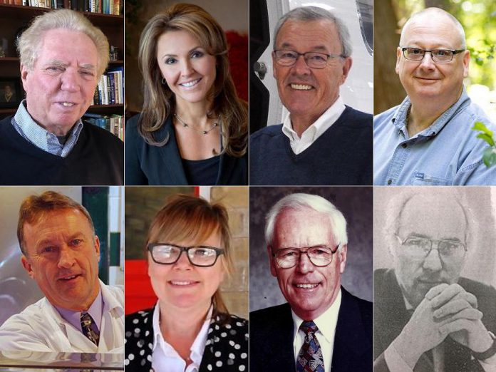 The 2021 inductees into Junior Achievement of Northern and Eastern Ontario's Peterborough Business Hall of Fame. Top row: Tony Ambler, Simone Dobson, John Gillespie, and Allan Hill. Bottom row: Franz Roessl, Amy Simpson, and posthumous inductees Allan Gillis and Joe Sabatino. (kawarthaNOW collage using supplied photos)