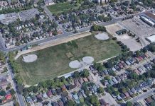 An aerial view of Morrow Park on Lansdowne Street West in Peterborough, where the city is planning to build a $62-million sports complex, including a twin-pad arena and an indoor swimming pool. Some Peterborough residents are opposing the development in the green space, which would also include 633 new parking spaces, and objecting to a lack of consultation. (Photo: Friends of Morrow Park / Facebook)