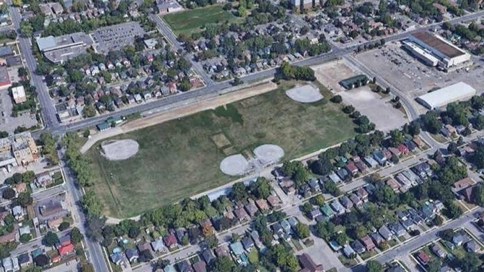 An aerial view of Morrow Park on Lansdowne Street West in Peterborough, where the city is planning to build a $62-million sports complex, including a twin-pad arena and an indoor swimming pool. Some Peterborough residents are opposing the development in the green space, which would also include 633 new parking spaces, and objecting to a lack of consultation. (Photo: Friends of Morrow Park / Facebook)