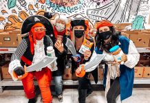 'Porch Pirates for Good' head pirate Megan Murphy (far right) and her volunteer crew Susan Dunkley (far left) and Lois Tuffin, along with Kawartha Food Share general manager Ashlee Aitken, pictured during a spring 2021 food drive that collected 50,000 pounds of food donations from businesses and residents in Peterborough for Kawartha Food Share. That's the same goal of the 'Trick or Eat' food drive on October 29 and 30, 2021. (Photo: Kawartha Food Share / Facebook)
