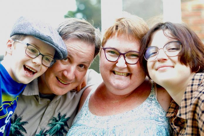 Melissa Lamore (second from right) with her son Murphy, husband Alex, and daughter Megan. In July 2020, Melissa was diagnosed with glioblastoma, an aggressive brain cancer with an extremely low survival rate. Hundreds of people on Facebook have since been following Melissa's journey and showing their support. Now that Melissa, after multiple surgeries and chemotherapy and radiation, has decided to stop treatment, her family and her supporters are preparing to say goodbye. (Photo: Nicole Zinn / Glimpse Imaging)