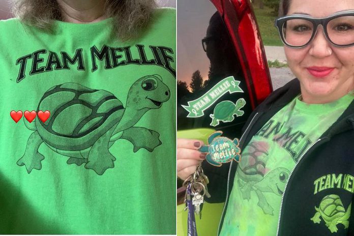 The Team Mellie group has held several fundraisers selling Team Mellie t-shirts (left) as well as key tags, sweatshirt hoodies, and car decals, as shown by Team Mellie Facebook group founder Rhonda Preston on the right. (Photos: Team Mellie Facebook group and Rhonda Preston)