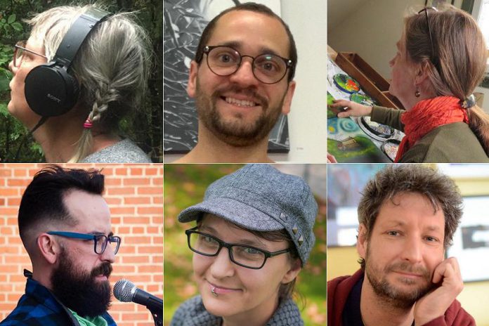 Six artists from Nogojiwanong-Peterborough are participating in Trent Radio's "Your Radio Is Their Stage" arts project, with consecutive five-week residencies in radio production and broadcast each culminating in a radio broadcast of the artists's work re-imagined for radio. Top row: Melanie McCall, Jose Miguel Hernandez, and JoEllen Brydon. Bottom row: Justin Million, Gillian Turnham, and John Marris. (kawarthaNOW collage of artist photos)