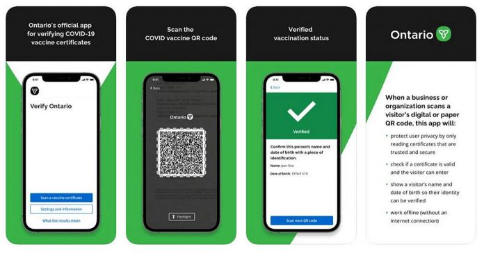 Screenshots of the Apple version of the Verify Ontario app, which businesses can use to scan the QR code on the new enhanced COVID-19 vaccination certificates. (Screenshot: kawarthaNOW via Apple App Store)