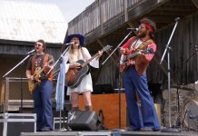 Owen Stahn, Griffin Clark, and Kate Suhr performing original music by Beau Dixon and David Tough for 4th Line Theatre's 2019 production of Beau Dixon's "Bloom: A Rock 'n' Roll Fable" at the Winslow Farm in Millbrook. A cast recording of all eight of the production's original songs is now available, along with a short documentary film about the making of the cast recording. (Photo: Jeannine Taylor / kawarthaNOW.com)