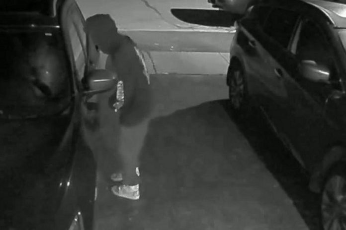 Police have arrested and charged five people in connection with a rash of thefts from vehicles in Cobourg since October. During the investigation, police canvassed affected neighbourhoods to gain dash cam and home surveillance video footage from homes and businesses in the area. (kawarthaNOW screenshot from police-supplied surveillance video)