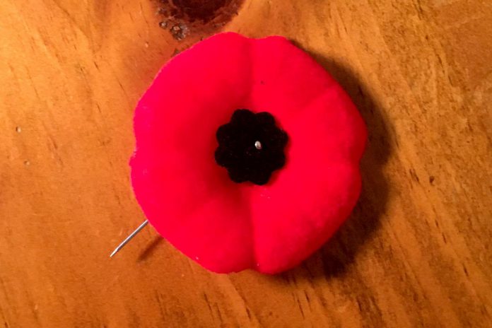 A plastic poppy pin distributed by the Royal Canadian Legion with funds going to support veterans. In the 1920s, these commemorative poppies were made of silk or fabric. The Royal British Legion in the United Kingdom distributes poppies made of paper. (Photo: Leif Einarson)