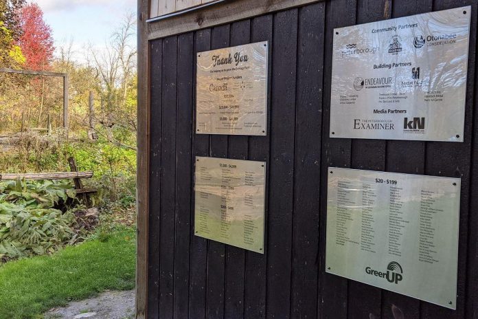 In recent years, generous donors have helped Peterborough GreenUP transform Ecology Park into an accessible, barrier-free educational space. Pictured are four support-recognition plaques installed on the children's education shelter, which was built in 2018 to help strengthen GreenUP's capacity to offer high-quality outdoor programming, maximize the impact this unique facility can have on the health of children, and increase accessibility to enable a greater number of children to use the park. (Photo: Bruce Head)