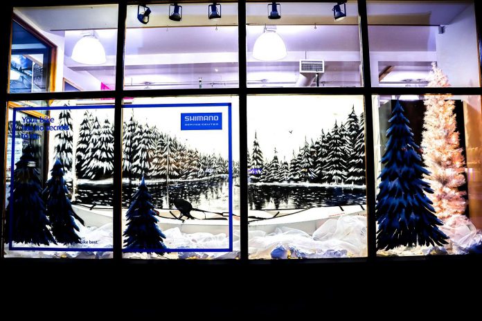 The holiday window display at Wild Rock Outfitters at 169 Charlotte Street in downtown Peterborough. (Photo courtesy of Peterborough DBIA)