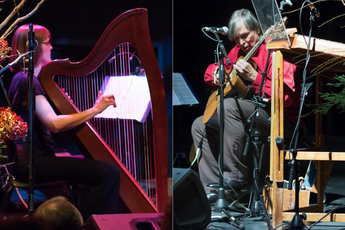 Celtic harpist Tanah Haney and fingerstyle guitarist Michael Ketemer will also be performing at the In From The Cold Christmas concert, a fundraiser for YES Shelter for Youth and Families, which will be livestreamed from St. James United Church in Peterborough on December 11, 2021. (Photos: Linda McIlwain / kawarthaNOW)