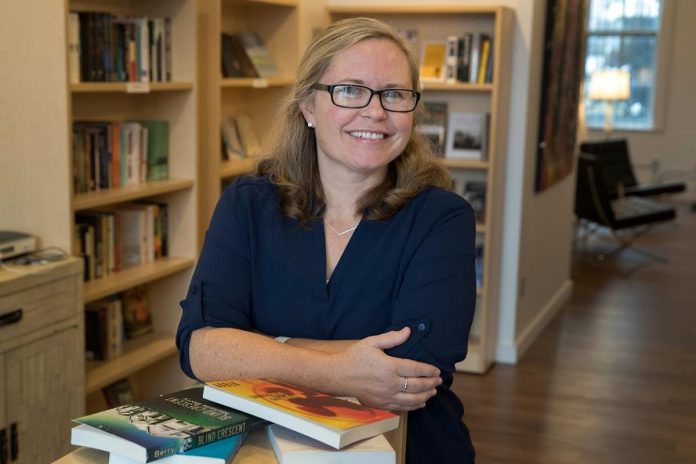 Author Michelle Berry pictured in October 2016, when her newly opened independent bookstore Hunter Street Books in downtown Peterborough was featured in The Globe and Mail. (Photo: Fred Thornhill / The Globe and Mail)