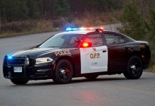 An OPP police car with lights flashing. (Photo: Ontario Provincial Police)