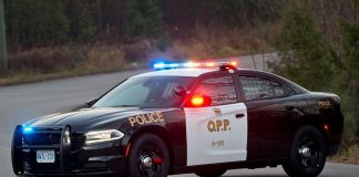 An OPP police car with lights flashing. (Photo: Ontario Provincial Police)