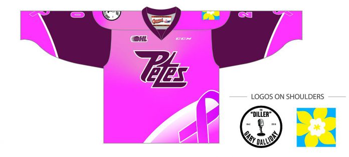 The official jersey for the 2022 Pink in the Rink game will feature the Canadian Cancer Society patch on the left shoulder and Petes' alumnus Gary "Diller" Dalliday patch on the right shoulder. The game-worn jersey will feature 200 names purchased by fans to honour their loved ones. (Graphic courtesy of Peterborough Petes)