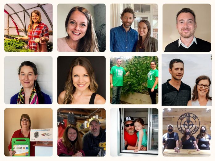 The 12 Peterborough-area entrepreneurs participating in the fall intake of the Peterborough & the Kawarthas Business Advisory Centre's Starter Company Plus program (left to right, top to bottom): Amanda O'Rourke, Angela McDonald, Bruno Merz and Dreda Blow, Brad Carson, Caitlin Smith, Kate Suhr, Shawn and Jolene Morris, Patrick and Deanna Leahy, Lynda Todd, Denise and Rob Driscoll, Travis Berlenbach, and Dawn and Lea Call. (Photo collage courtesy of Peterborough & the Kawarthas Business Advisory Centre)