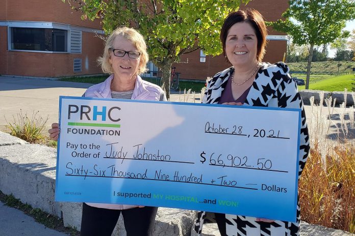 Judy Johnston (left), the first winner of the PRHC Foundation's 50/50 Lottery which launched October, accepting a cheque for $66,902.50 from PRHC Foundation President and CEO Lesley Heighway. In addition to the grand prize jackpot, Johnston chose a $2,500 Resorts of Ontario gift certificate as her bonus prize. (Photo courtesy of PRHC Foundation)