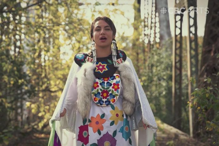 Sarah Lewis, Nogojiwanong-Peterborough's first poet laurete, performing her piece "Warrior Cry" in a video for the CBC Arts series Poetic License. (kawarthaNOW screenshot)