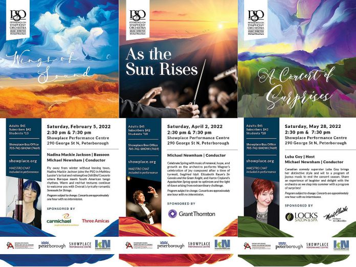 The Peterborough Symphony Orchestra's 2022 season features concerts on three Saturdays in February, April, and May. Each concert will feature both matinee and evening performances. (Graphics courtesy of the PSO)