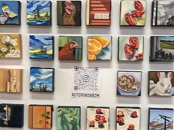 Some of Jose Miguel Hernandez's work, including these mini-paintings, was displayed in a joint exhibit with Victoria Wallace and Marcia Watt during the First Friday Peterborough art crawl on November 5, 2021. (kawarthaNOW screenshot from Jose Miguel Hernandez Instagram video)