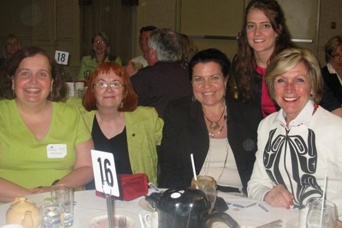 Betsy McGregor (right) at a 2010 meeting of the Women's Business Network of Peterborough. Also pictured from left to right: parenting expert Ann Douglas, former YWCA Peterborough Haliburton executive director Lynn Zimmer (who was appointed to the Order of Canada in 2019), kawarthaNOW publisher Jeannine Taylor, and Kelsey Ingram. (Photo: WBN)