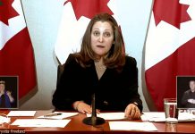 Federal finance minister Chrystia Freeland announcing that businesses and workers affected by 50 per cent capacity limits will be eligible for pandemic support programs during a virtual media conference on December 22, 2021. (kawarthaNOW screenshot of CPAC video)