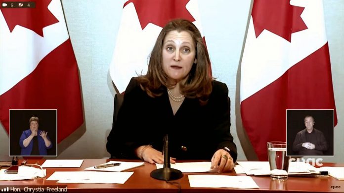 Federal finance minister Chrystia Freeland announcing that businesses and workers affected by 50 per cent capacity limits will be eligible for pandemic support programs during a virtual media conference on December 22, 2021. (kawarthaNOW screenshot of CPAC video)