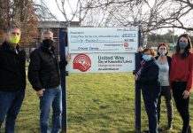 Mike Soehner and Paul Murphy from Crayola Canada present a cheque for $40,000 to Penny Barton Dyke, Shantal Ingram, and Emily Beall of the United Way for the City of Kawartha Lakes. (Photo courtesy United Way for CKL)