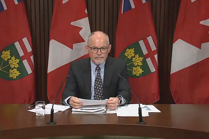 Dr. Kieran Moore, Ontario's chief medical officer of health, provided an update on the COVID-19 pandemic in Ontario at a media conference in Toronto on December 7, 2021. (kawarthaNOW screenshot of CPAC video)