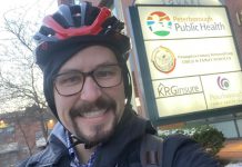 Dr. Thomas Piggott cycled to his first day of work as Peterborough's new medical officer of health at Peterborough Public Health in downtown Peterborough on December 1, 2021. (Photo: Dr. Thomas Piggott / Twitter)