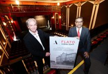 Academy Theatre board chair Mike Piggot and FLATO Developments Inc. president Shakir Rehmatullah at a media conference announcing the theatre has been renamed FLATO Academy Theatre Lindsay in recognition of a $1.375 million sponsorship agreement. (Photo courtesy of FLATO Academy Theatre Lindsay)