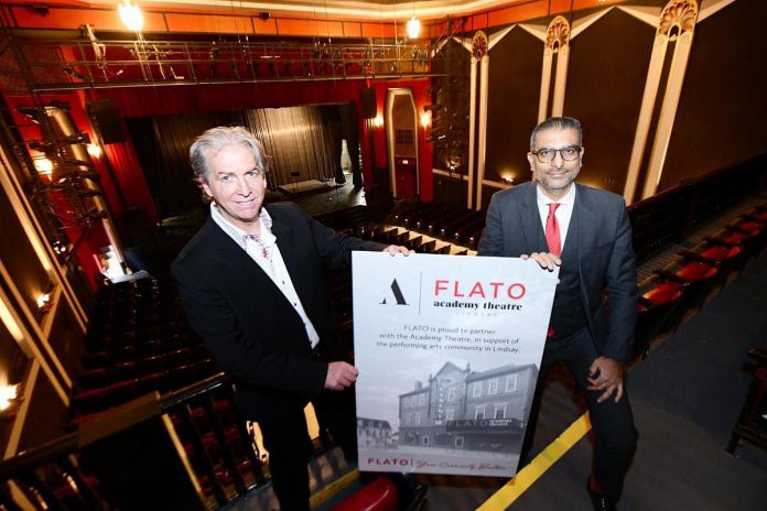 Academy Theatre board chair Mike Piggot and FLATO Developments Inc. president Shakir Rehmatullah at a media conference announcing the theatre has been renamed FLATO Academy Theatre Lindsay in recognition of a $1.375 million sponsorship agreement. (Photo courtesy of FLATO Academy Theatre Lindsay)